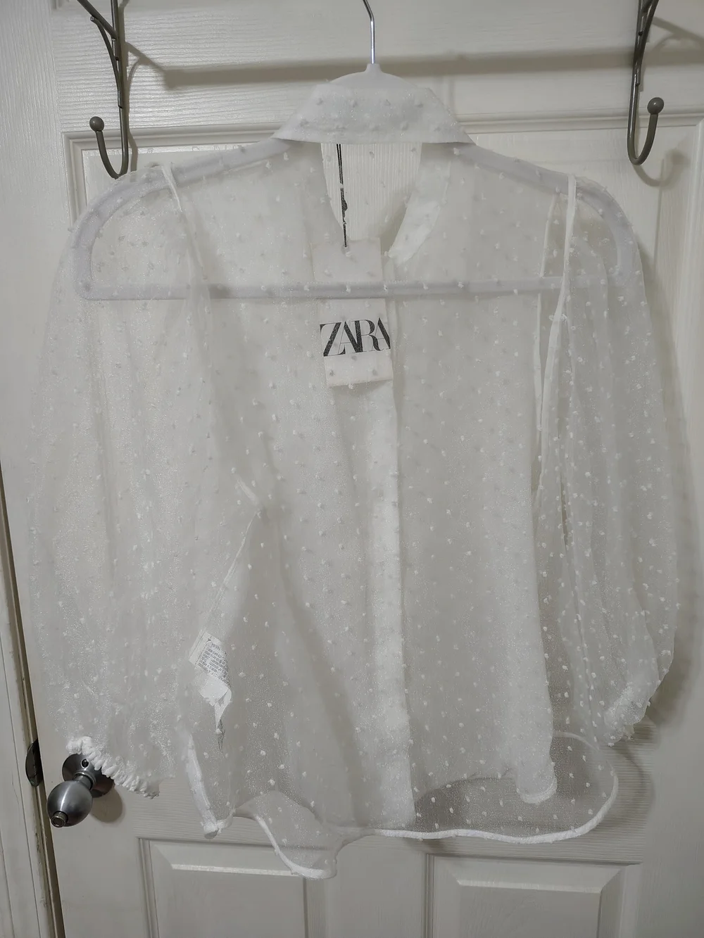 Zara NWT Organza Puff Sleeve Sheer Polka Dot  Button-Up White Blouse Size S